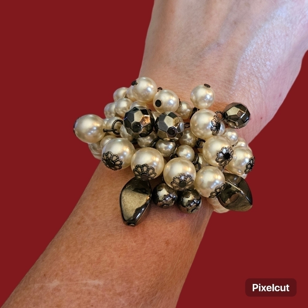 Vtg White Gunmetal Pearl Beaded Bauble Cha Cha Bridal Chunky Stretch Bracelet